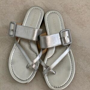 Talbots Silver Metallic Leather Buckle Slide Sandals